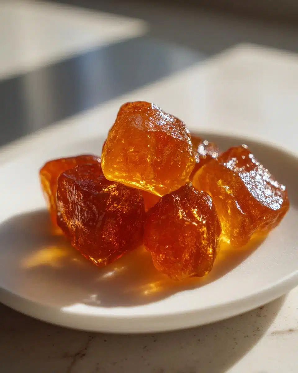 Close-up of several translucent, amber-colored Bone Broth Gummies piled on a small white dish.