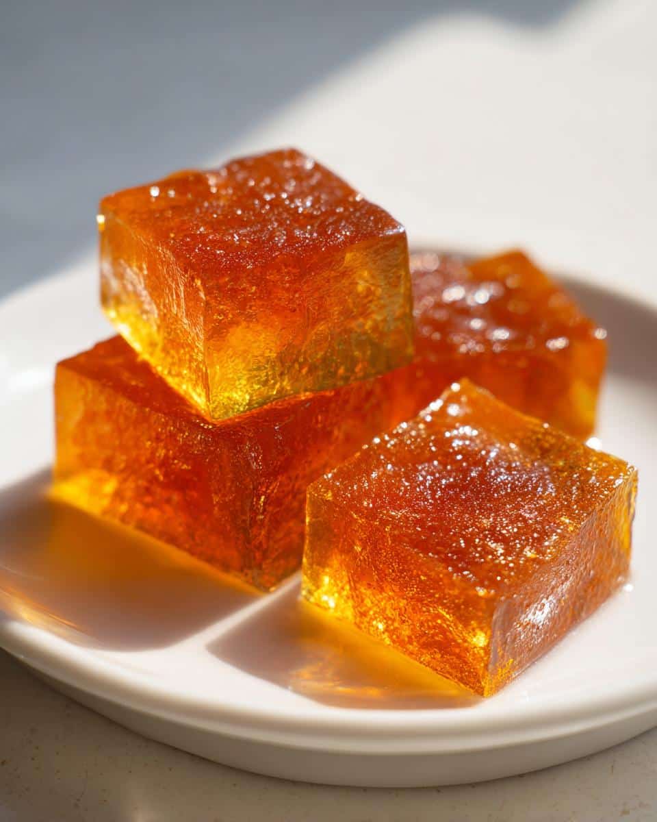 Four glistening, amber-colored Bone Broth Gummies stacked and arranged on a small white plate.