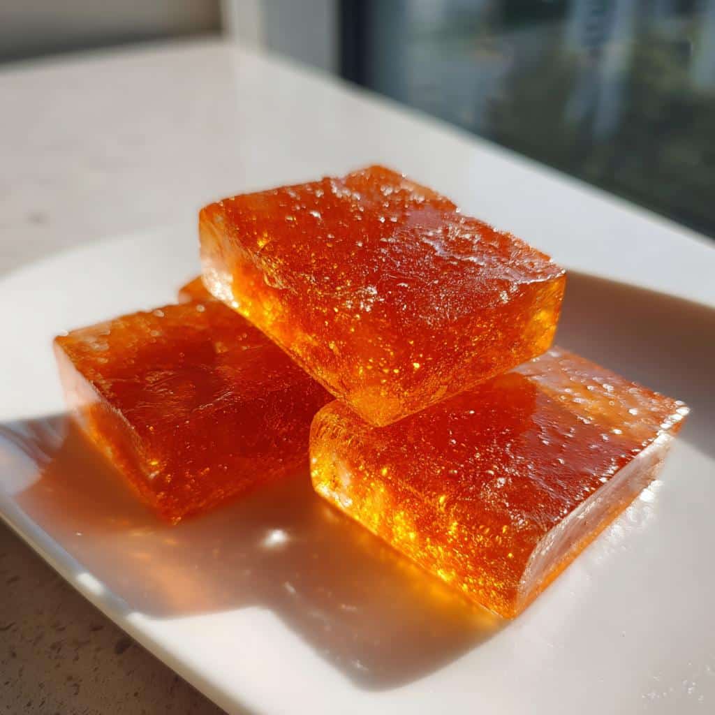 Three glistening, amber-colored Bone Broth Gummies stacked on a white plate, catching the sunlight.
