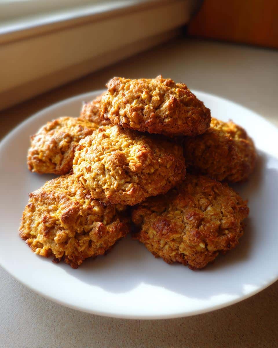 A stack of golden brown, textured apple and banana dog treats piled on a white plate.