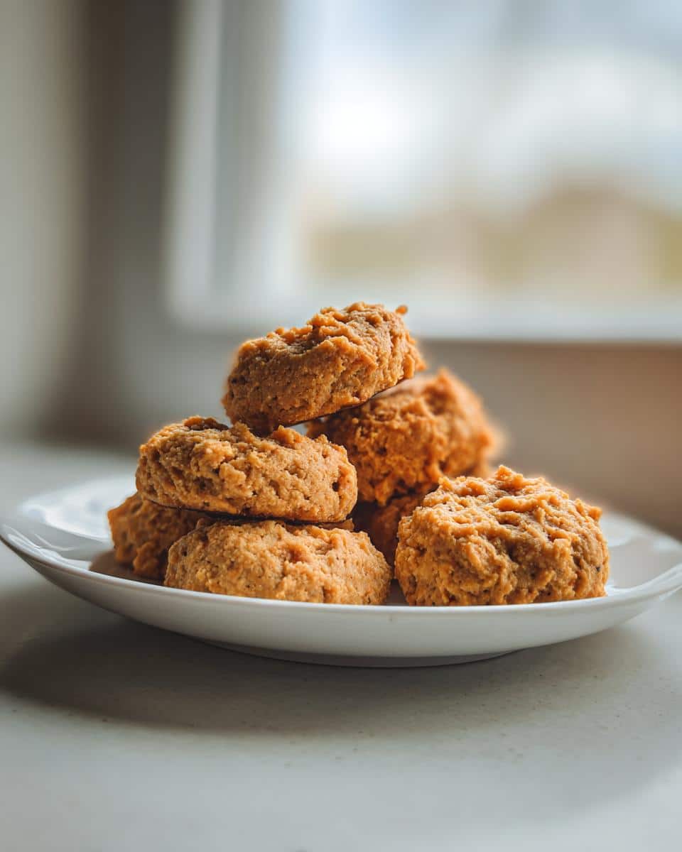 A stack of textured, golden brown apple and banana dog treats piled on a small white plate.