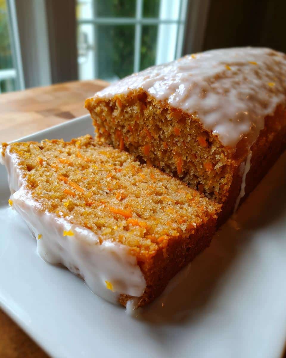 A sliced loaf of Apple and Carrot Dog Cake with thick white glaze dripping down the sides.