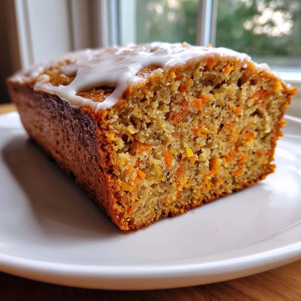 Close-up of a slice of Apple and Carrot Dog Cake on a white plate, showing shredded carrots and a white glaze topping.