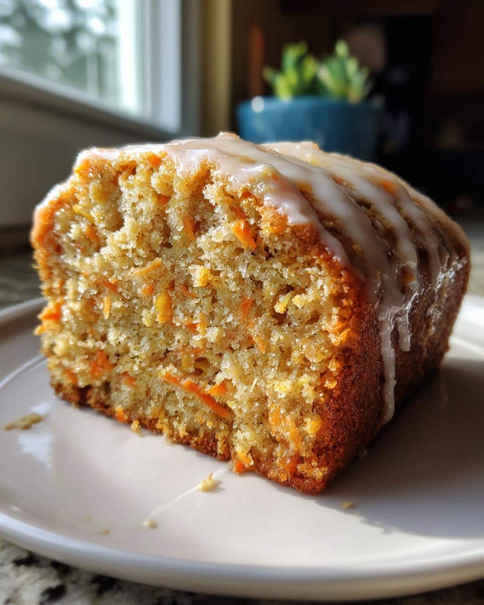Close-up of a slice of Apple and Carrot Dog Cake, showing moist texture and white icing drizzle.