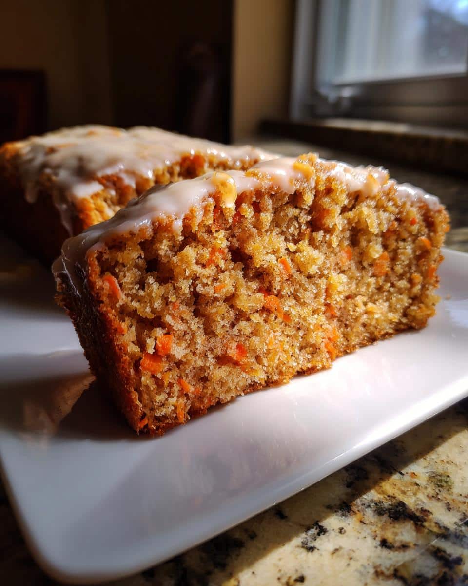 Close-up of a slice of Apple and Carrot Dog Cake showing moist texture and shredded carrots, topped with white glaze.
