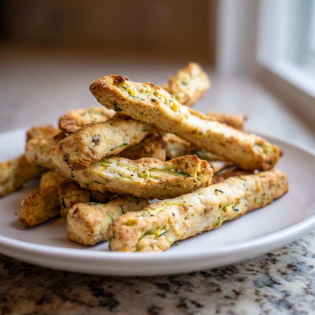 A pile of baked apple and zucchini chew sticks stacked on a white plate, showing visible shreds of green zucchini.