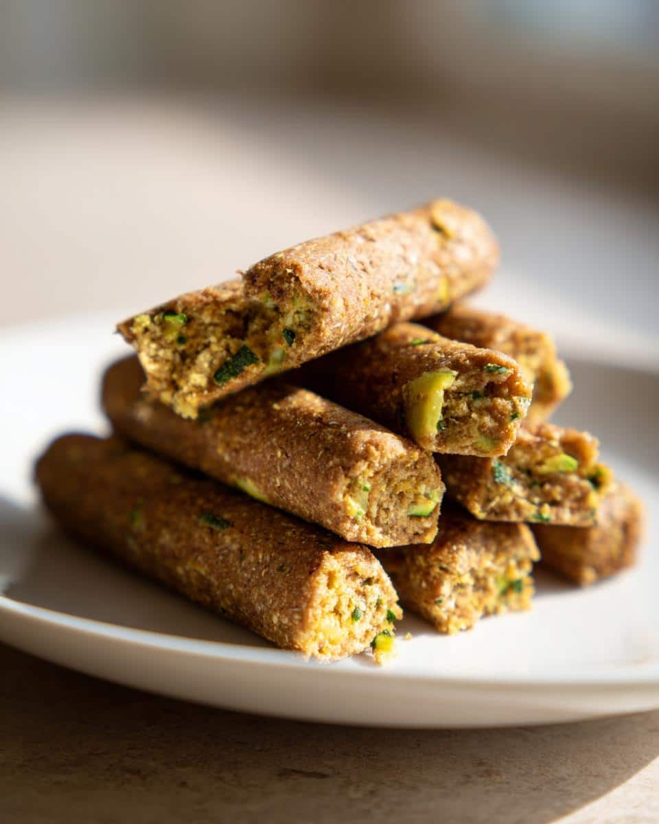 Close-up of a stack of homemade apple and zucchini chew sticks showing texture and green zucchini pieces.