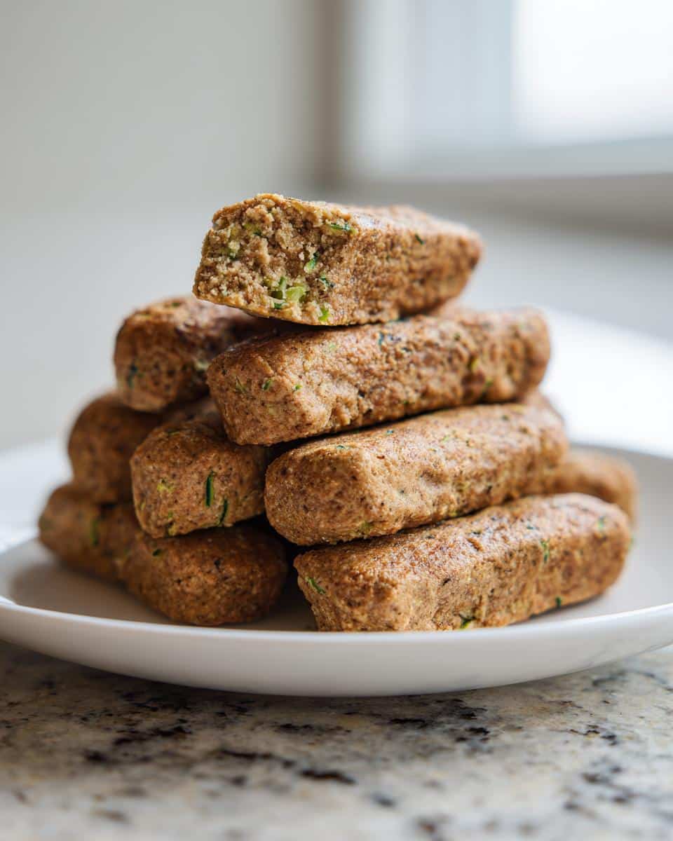 A stack of baked apple and zucchini chew sticks piled on a white plate, showing texture and green zucchini flecks.