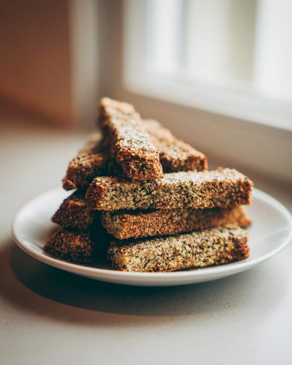 A stack of baked apple and zucchini chew sticks piled high on a small white plate, set near a bright window.