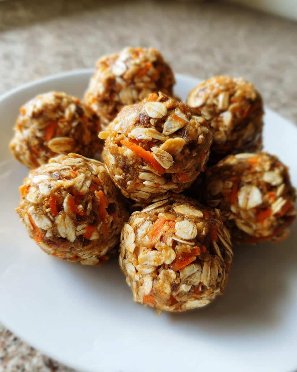 A stack of six homemade apple carrot and peanut butter bites rolled in oats, served on a white plate.