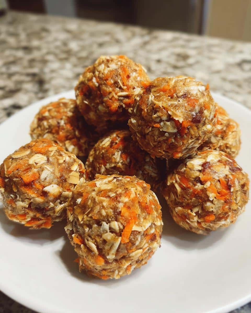 A close-up stack of homemade apple carrot and peanut butter bites on a white plate.