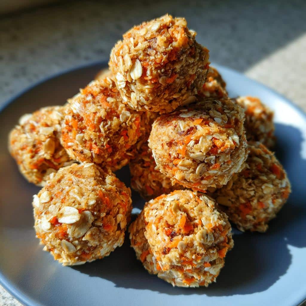 A stack of homemade apple carrot and peanut butter bites coated in oats, sitting on a blue plate.