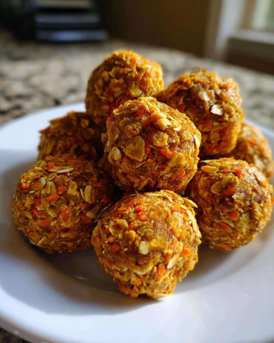 Close-up of several homemade apple carrot and peanut butter bites energy balls stacked on a white plate.