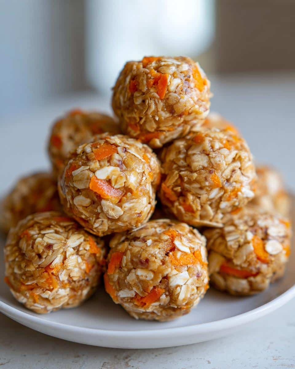 A close-up stack of homemade apple carrot and peanut butter bites made with oats and visible shredded carrots.