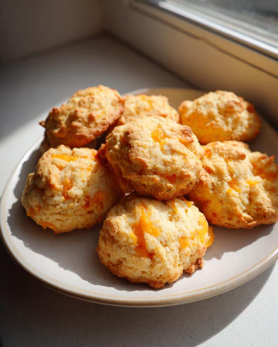 A pile of freshly baked Apple & Cheddar Dog Treats with visible orange cheddar pieces on a light ceramic plate.