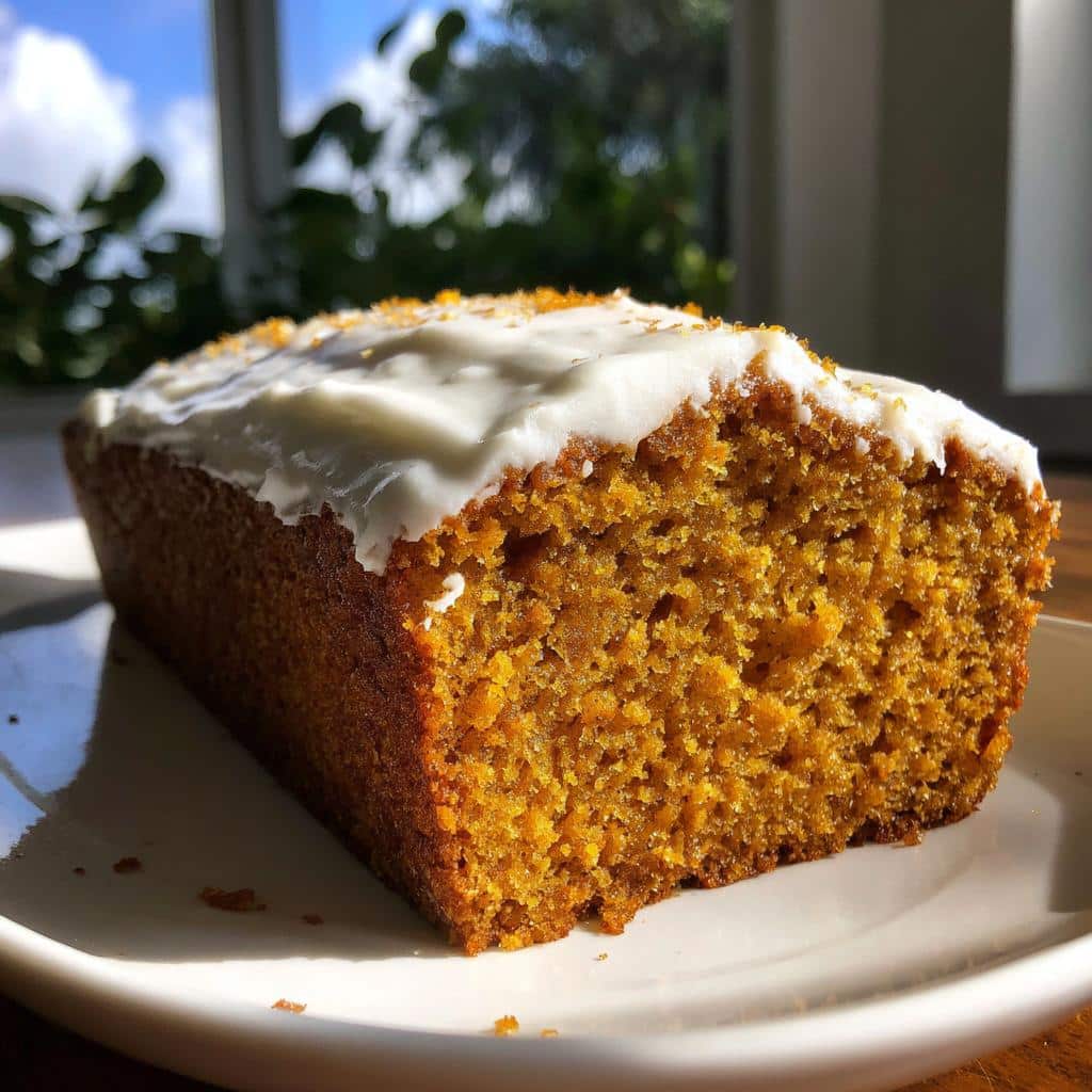 Close-up of a slice of rich orange Apple Cinnamon Dog Cake topped with thick white frosting and sprinkles.