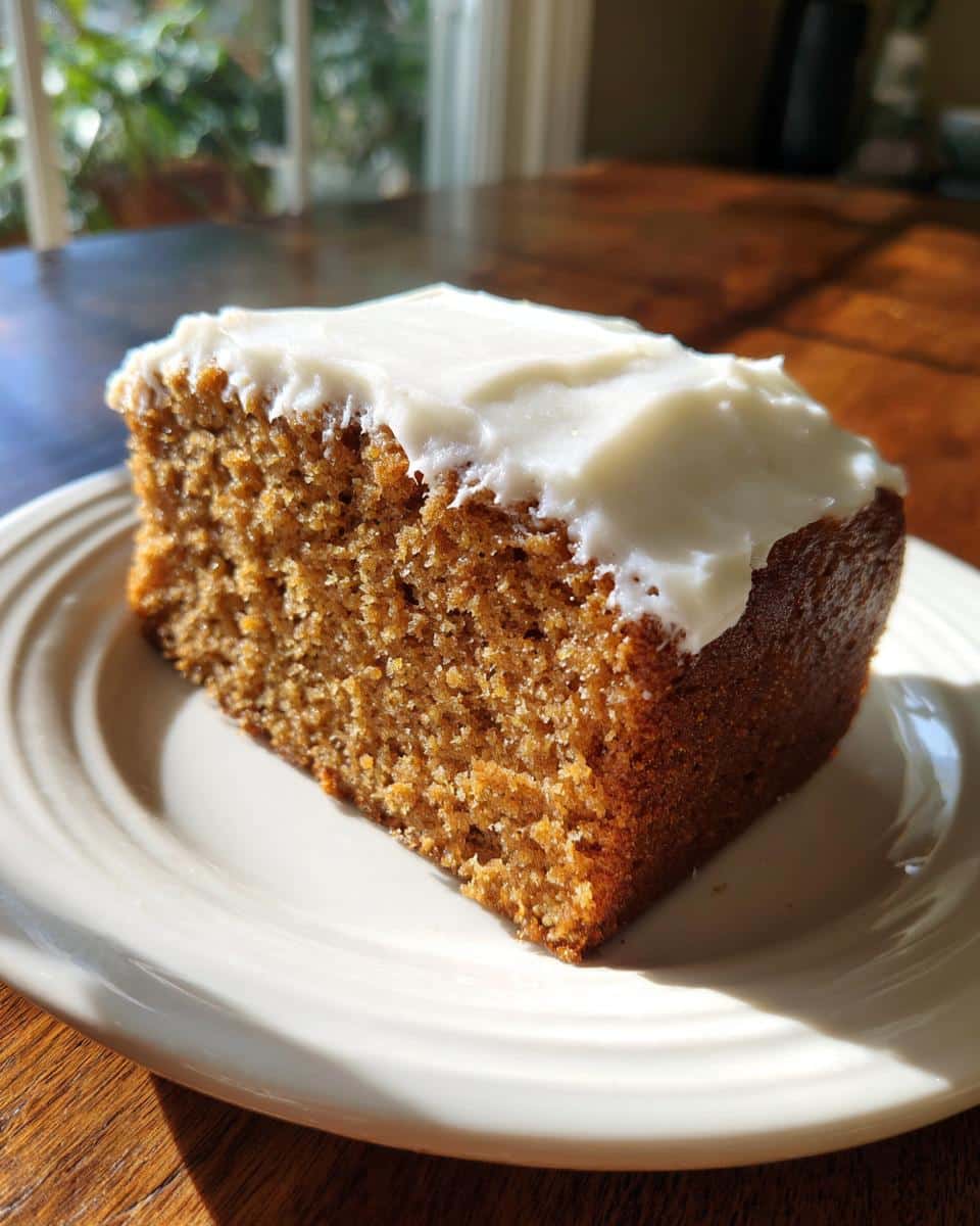 A close-up slice of moist Apple Cinnamon Dog Cake topped with thick white frosting on a cream plate.