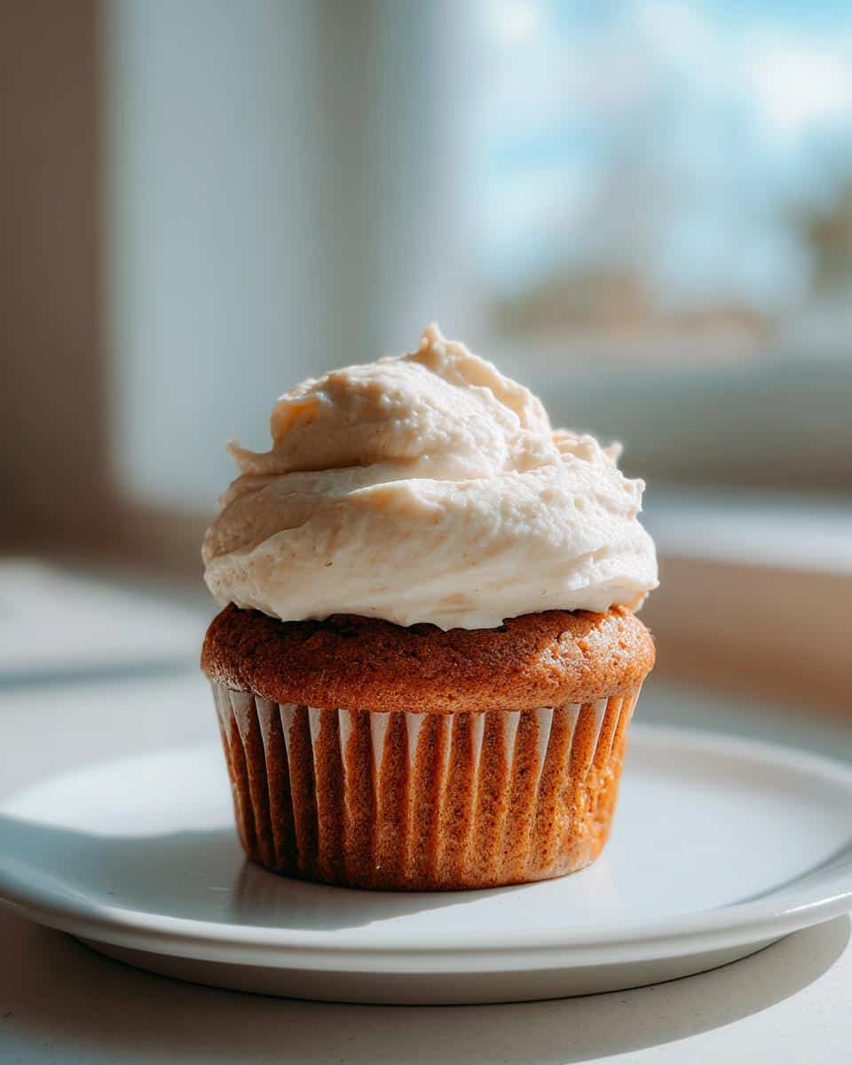 A single, beautifully baked Apple Cinnamon Pupcake topped with thick, creamy frosting, sitting on a white plate.