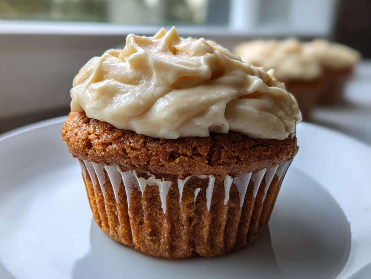 A close-up of one perfectly baked Apple Cinnamon Pupcakes topped with thick, creamy vanilla frosting.