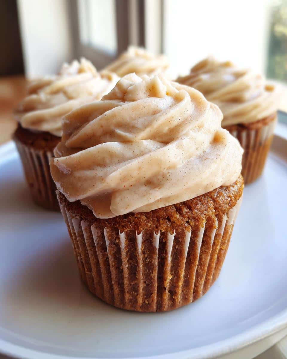 A close-up of a freshly baked Apple Cinnamon Pupcakes topped with swirl of light brown, speckled frosting.