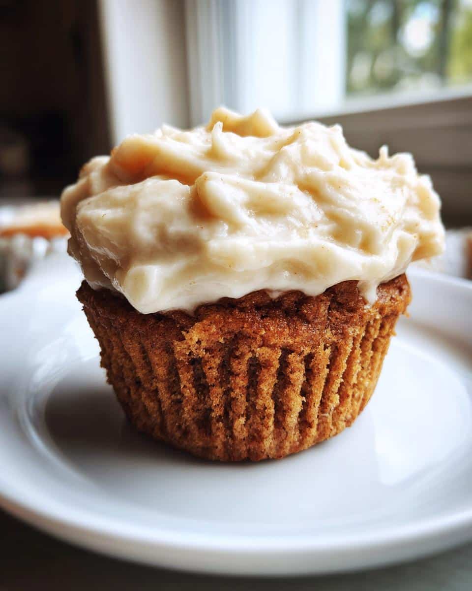A single, moist Apple Cinnamon Pupcakes topped with thick, creamy white frosting, sitting on a white plate.