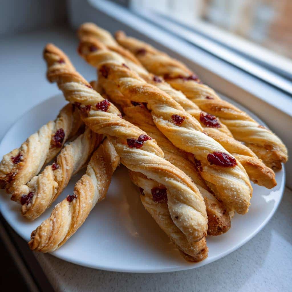 A pile of golden, twisted Apple & Cranberry Dog Dental Sticks with visible dried cranberry pieces on a white plate.