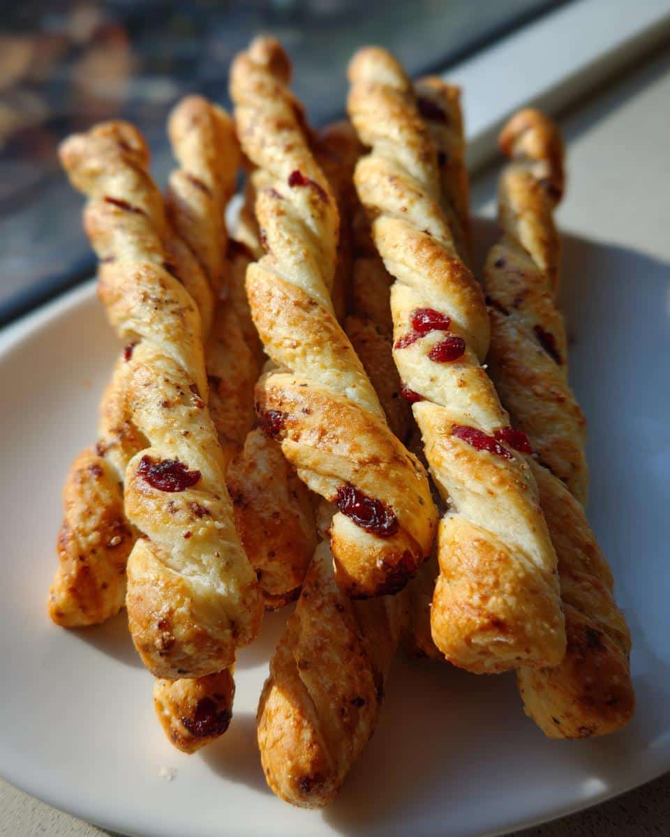 Close-up of baked, twisted Apple & Cranberry Dog Dental Sticks with visible cranberry pieces on a white plate.