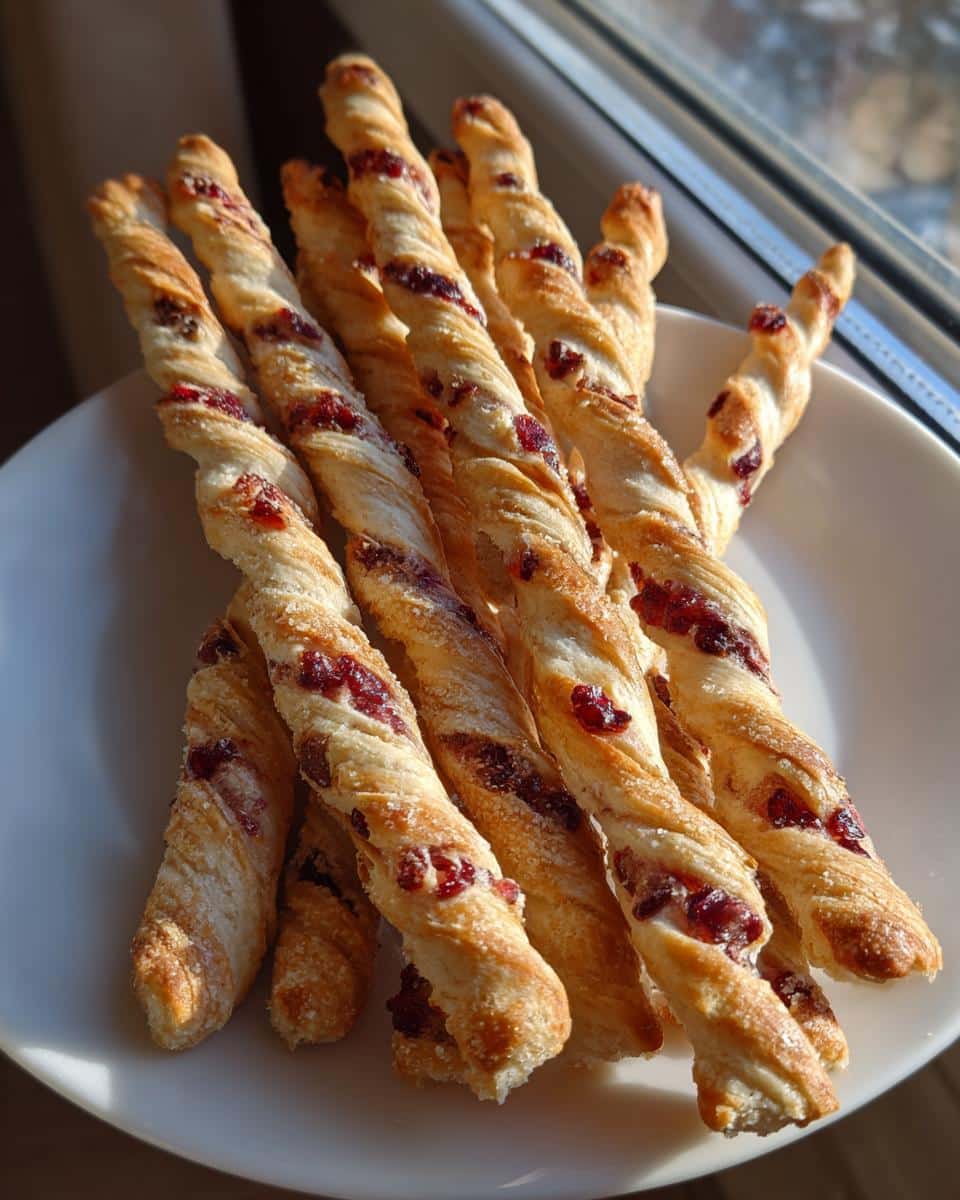A pile of golden, twisted Apple & Cranberry Dog Dental Sticks sprinkled with sugar on a white plate.