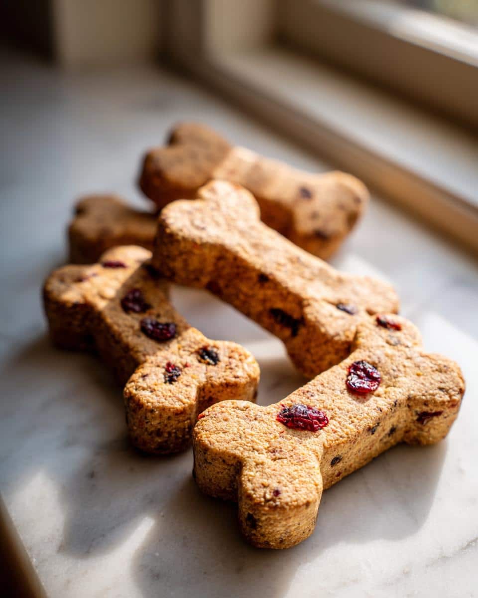 Close-up of several homemade Apple Cranberry Dog treats shaped like bones, resting on a marble surface.