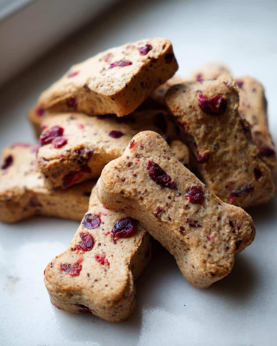 Close-up of several homemade bone-shaped Apple Cranberry Dog Treats stacked together.