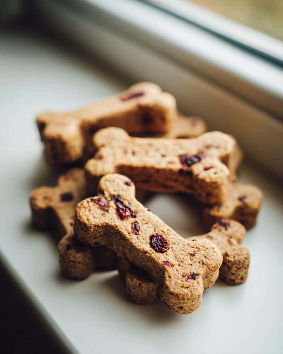 Close-up of several homemade Apple Cranberry Dog treats shaped like bones, featuring visible dried cranberries.