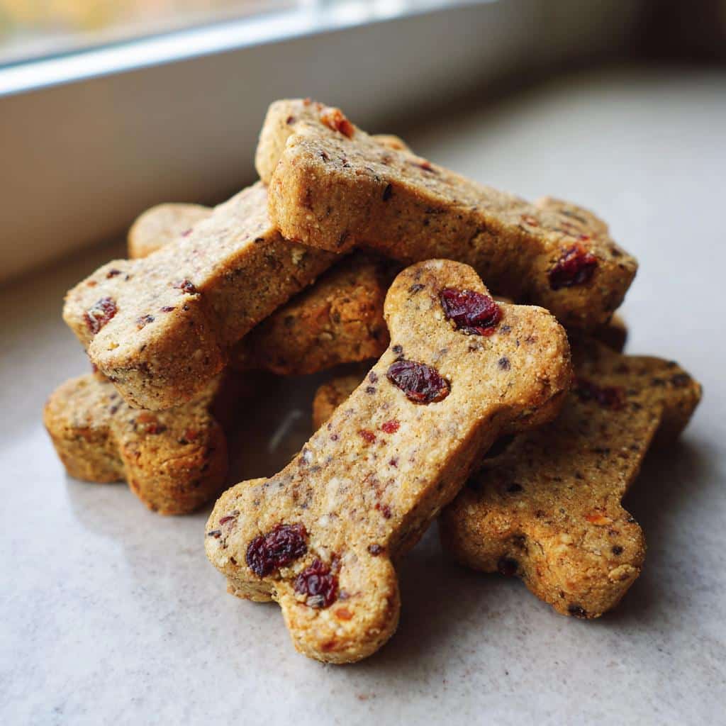 A stack of homemade, bone-shaped Apple Cranberry Dog treats featuring visible dried cranberries.