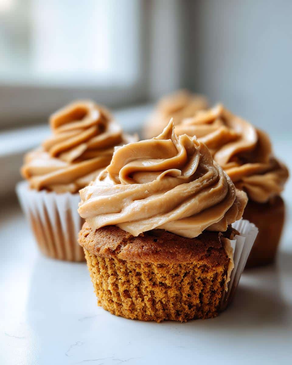A close-up of one perfectly frosted Applesauce Pumpkin Pupcakes, with others blurred in the background.