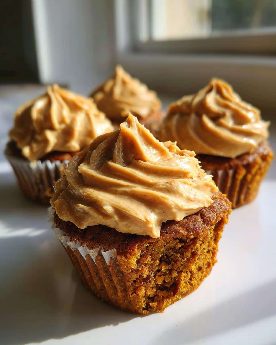Close-up of several Applesauce Pumpkin Pupcakes topped with thick, swirled peanut butter colored frosting.
