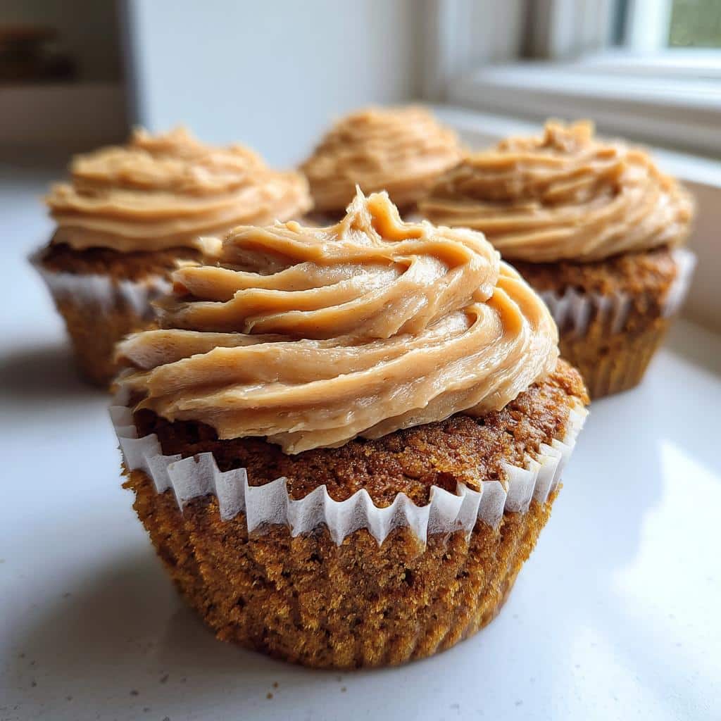 A close-up of one of the Applesauce Pumpkin Pupcakes, topped with thick, swirled caramel-colored frosting.