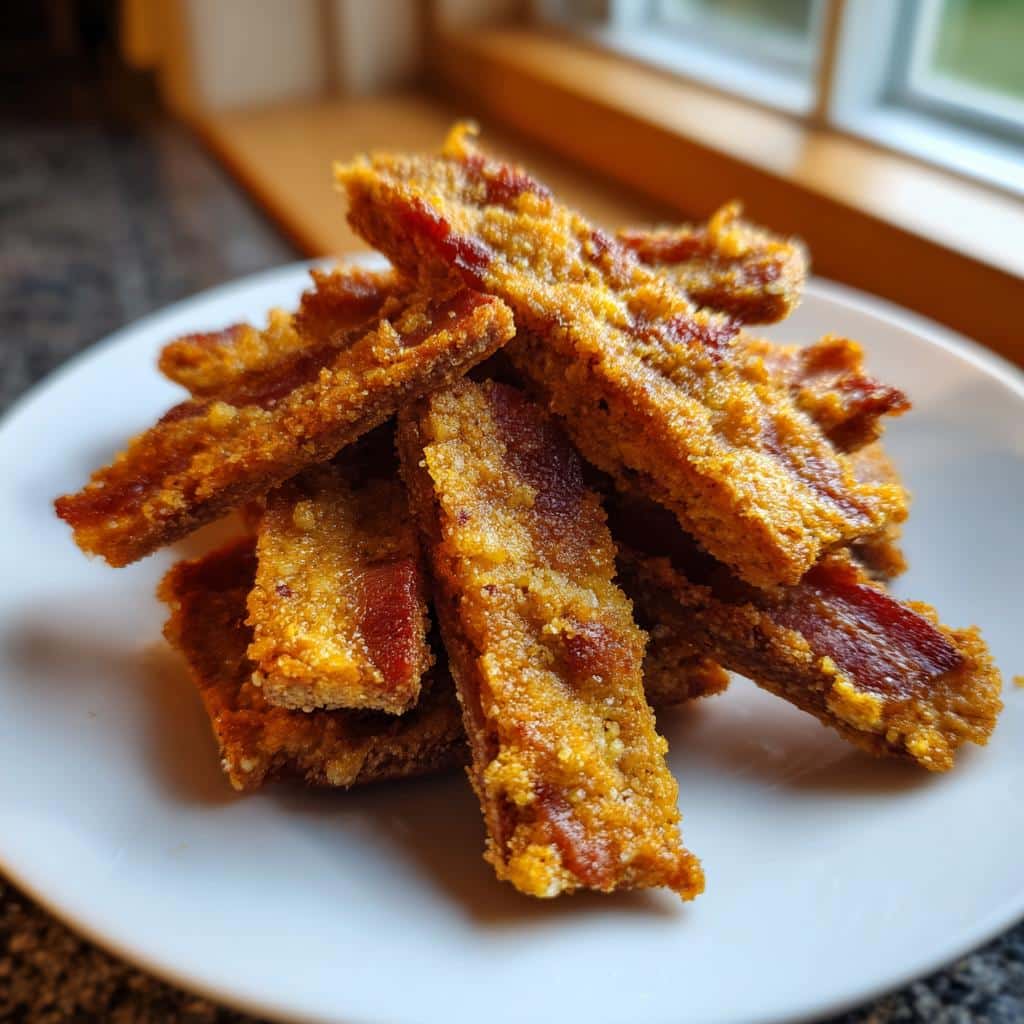 A pile of freshly baked, crispy bacon dog treats stacked on a white plate near a window.
