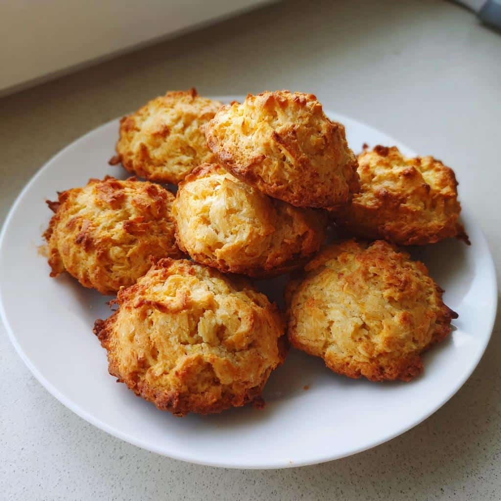 A pile of golden brown, baked apple and banana dog treats stacked on a white plate.
