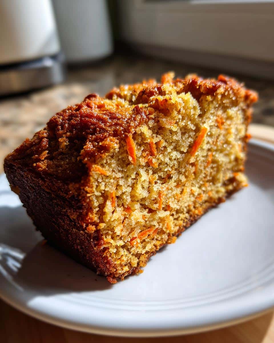 Close-up of a moist slice of Banana & Carrot Logs showing shredded carrots baked inside.