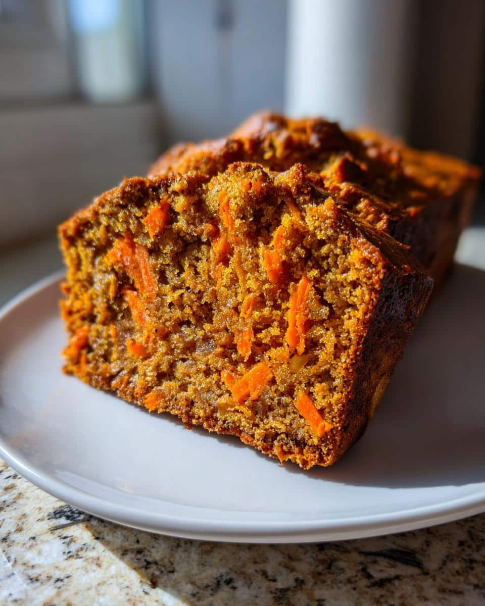 Two slices of moist, orange-hued Banana & Carrot Logs loaf resting on a white plate.