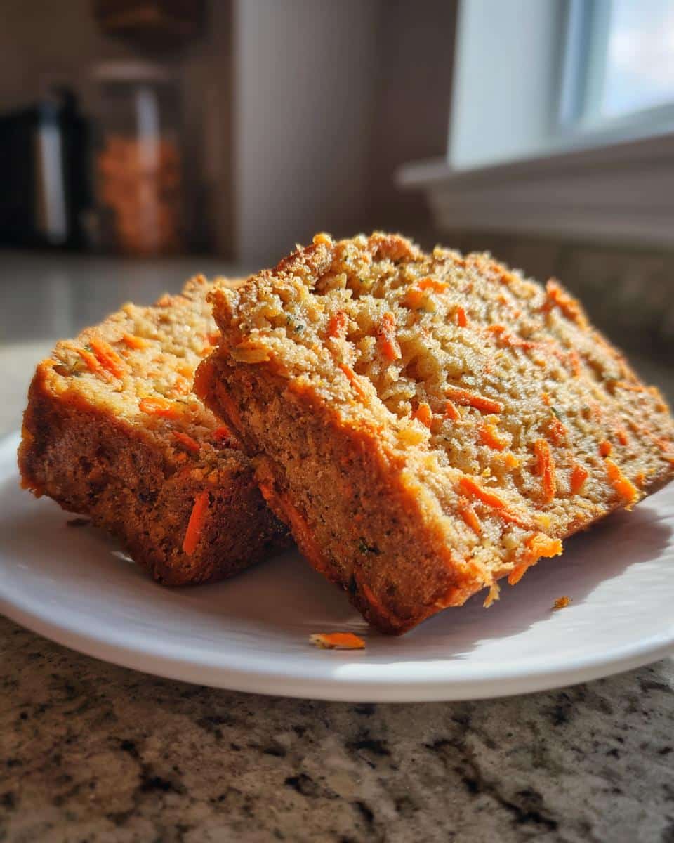 Two thick slices of moist Banana & Carrot Logs bread showing visible shredded carrots.