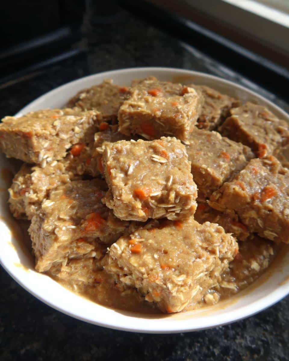 A white bowl filled with square-cut banana carrots no bake pet treats mixed with oats.