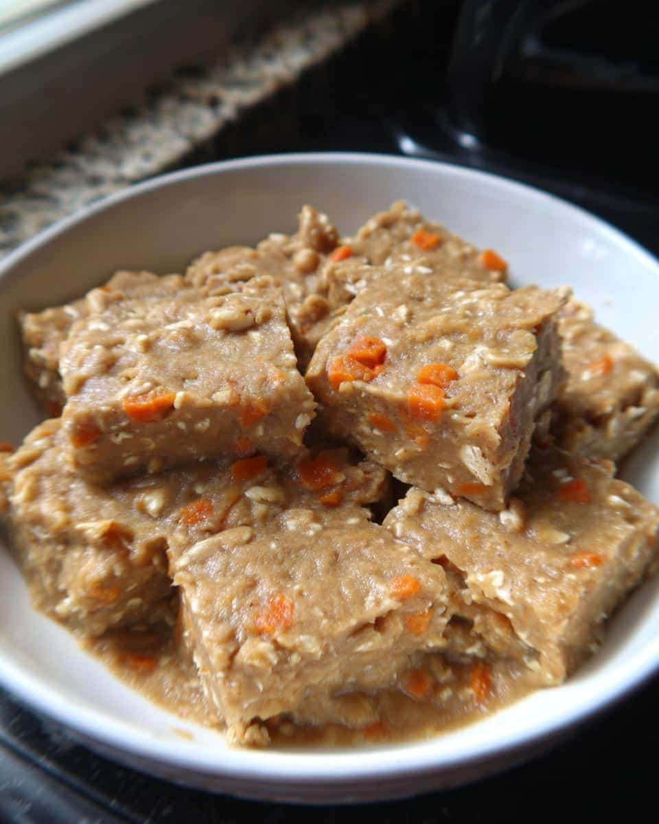 Close-up of square banana carrots no bake pet treats with visible oats and orange carrot pieces in a white bowl.