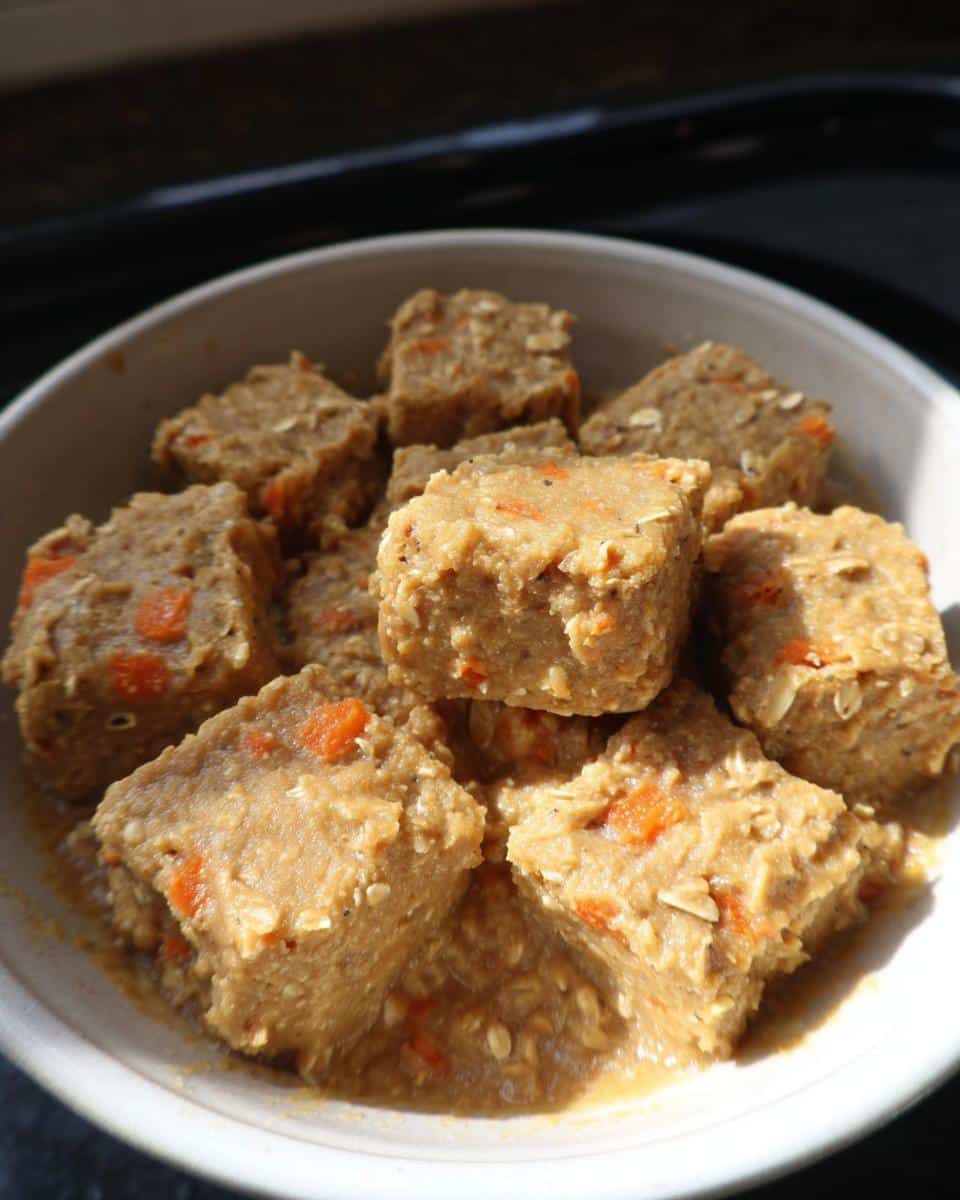 Close-up of square banana carrots no bake pet treats with visible oats and orange carrot pieces in a white bowl.