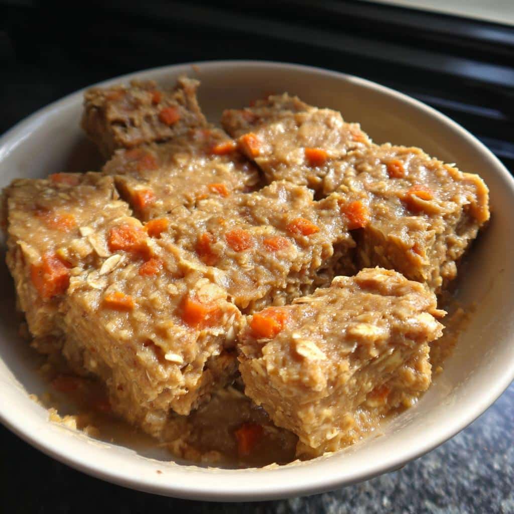 Close-up of soft, square-cut banana carrots no bake pet treats with visible oats and diced carrots in a light bowl.