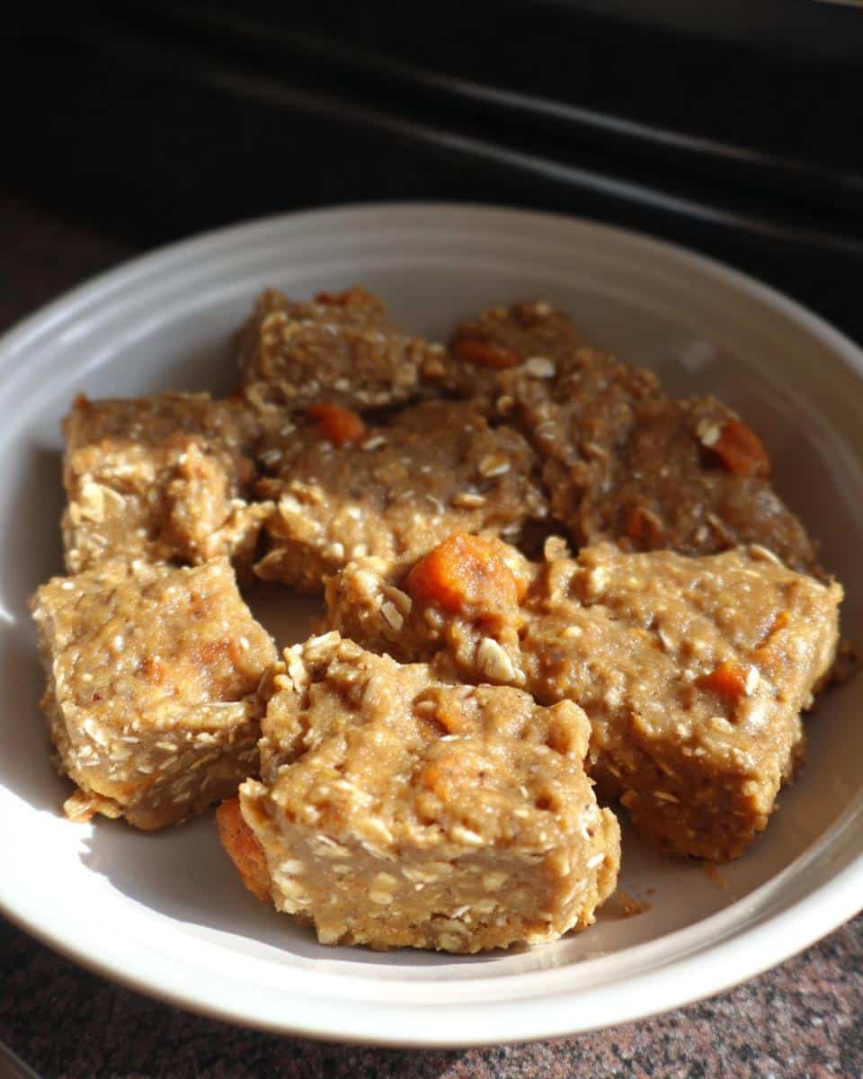 Several squares of homemade banana carrots no bake pet treats with visible oats and carrot chunks in a white bowl.
