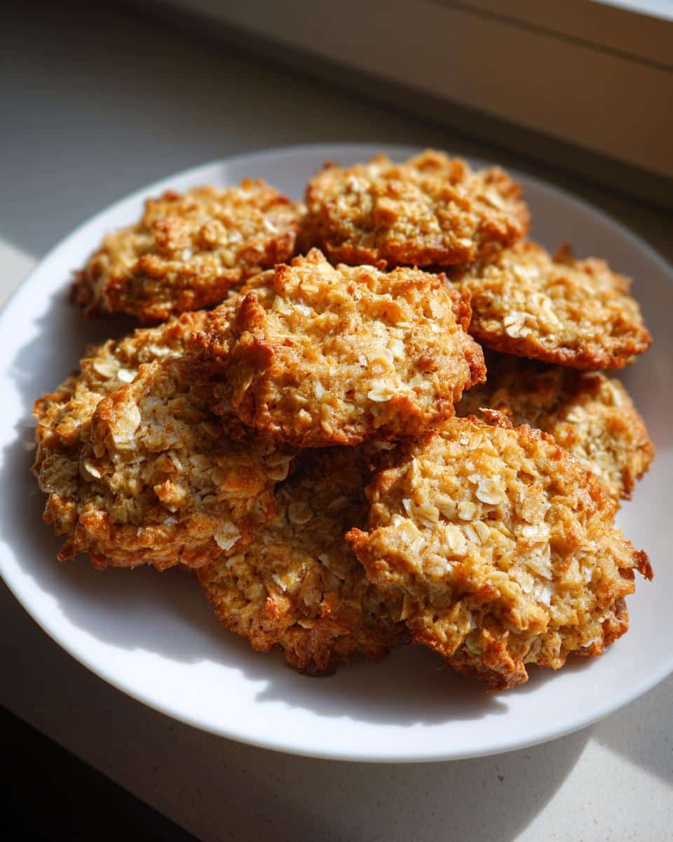 A stack of golden brown Banana & Coconut Cookies made with visible oats, resting on a white plate.