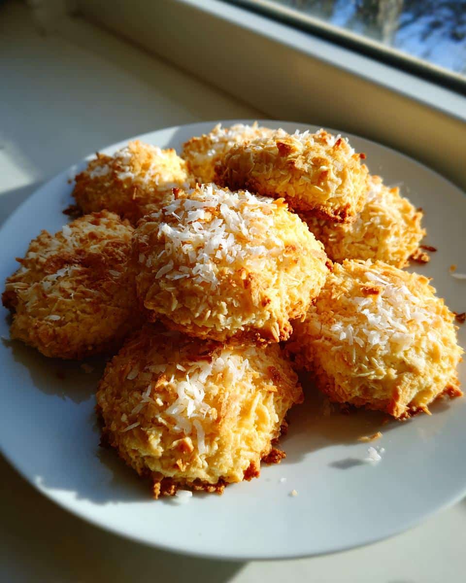 A stack of golden baked Banana & Coconut Cookies topped with shredded coconut, sitting on a white plate near a window.