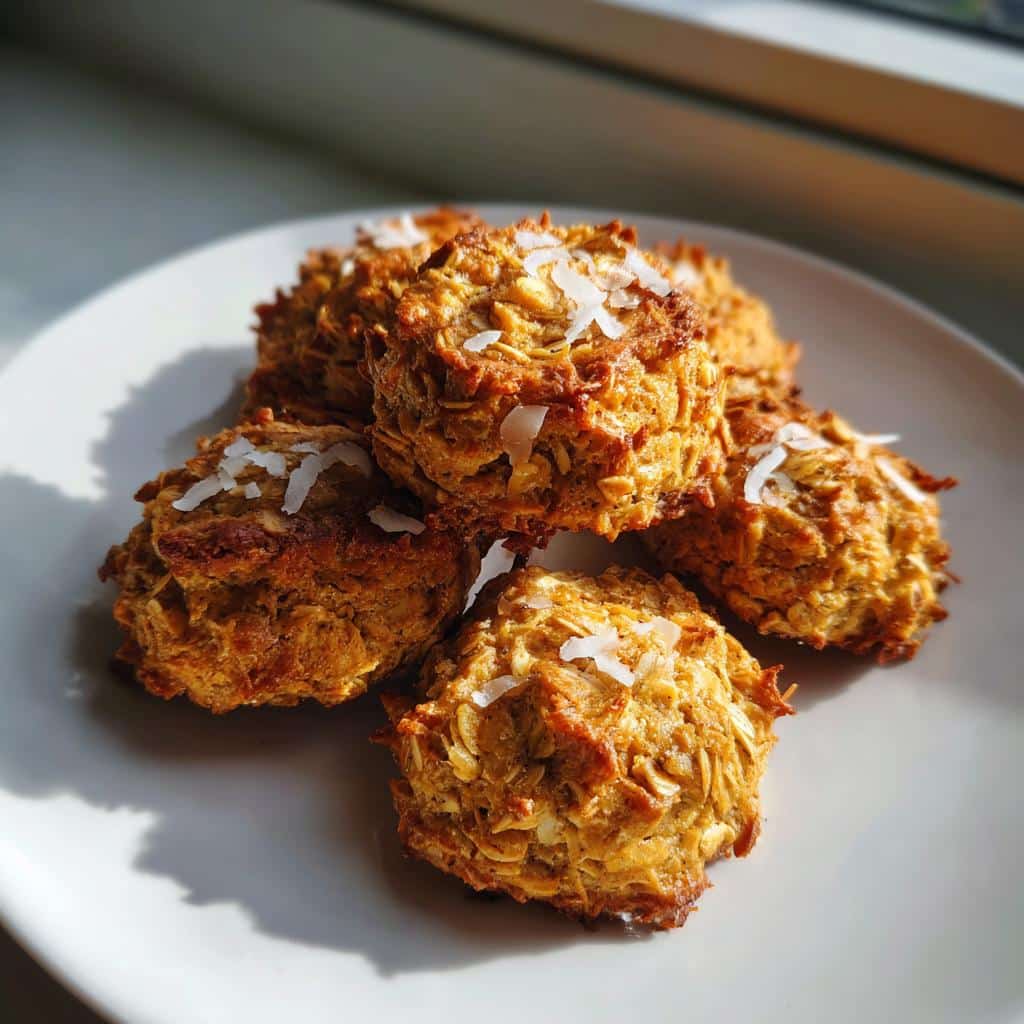 A stack of golden brown Banana & Coconut Cookies topped with shredded coconut flakes, sitting on a white plate.