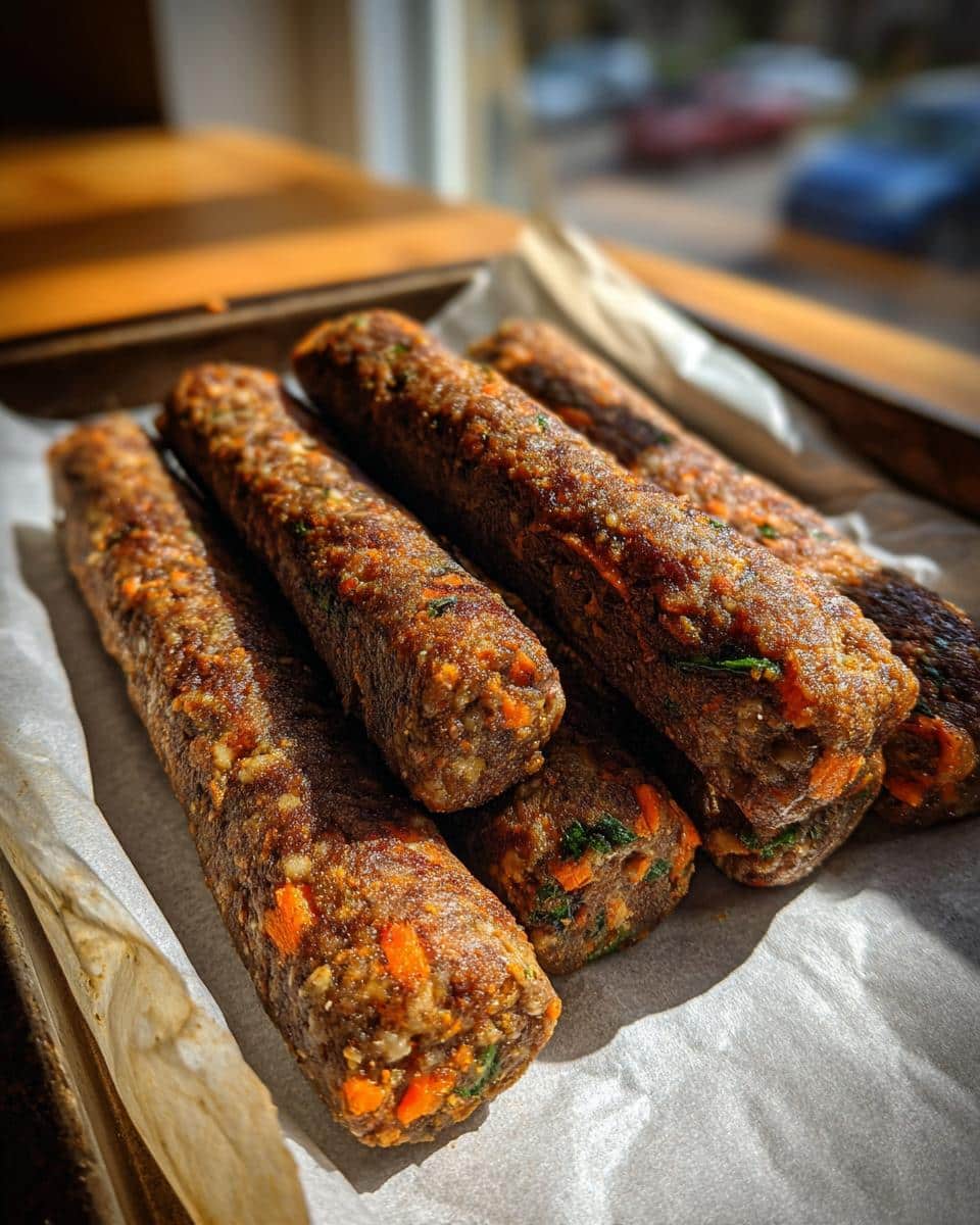Close-up of several homemade Beef and Vegetable Chew Sticks resting on parchment paper.