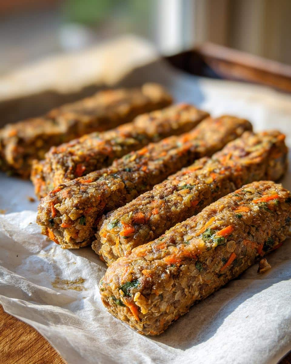 Close-up of several freshly made Beef and Vegetable Chew Sticks resting on parchment paper.